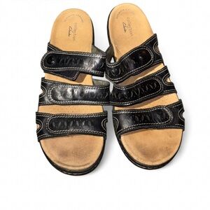 Clarks Black Leather Slide Sandals